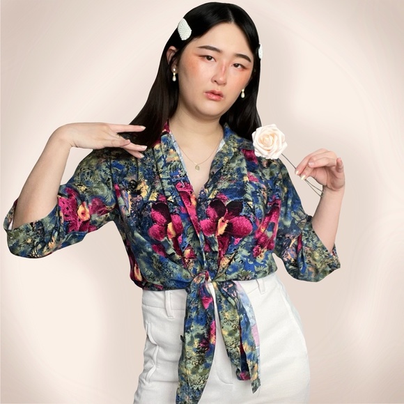 vtg orchid floral button up - Picture 3 of 4